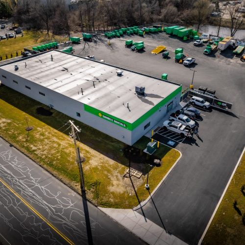 Aerial view of Sunbelt Rentals facility with fleet vehicles and equipment yard